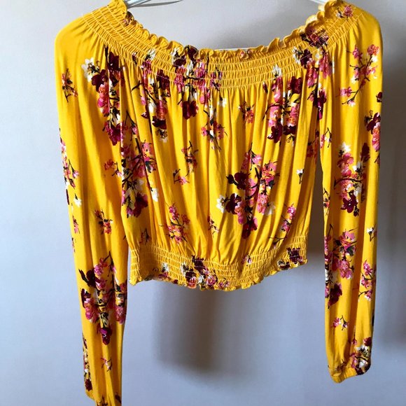 H&M Divided Yellow Long Sleeve Off-the-shoulder Top With Pink Floral Detailing - Picture 2 of 2